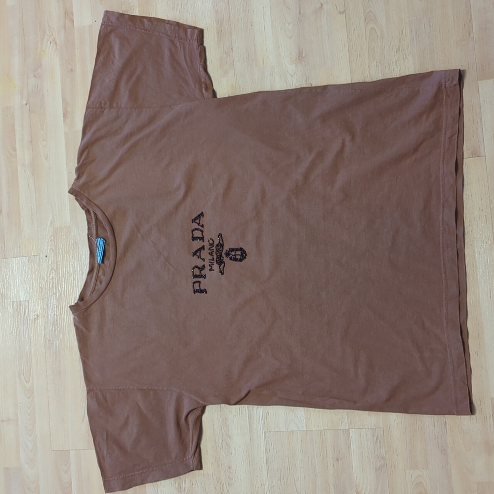 PRADA light brown cotton T-shirt with brown beaded logo,size L